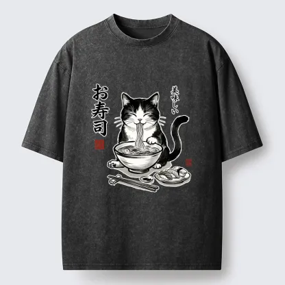 Tokyo-Tiger Cats Eat Japanese Food Washed T-Shirt