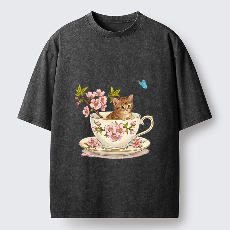 Tokyo-Tiger Cherry Blossom Teacup Kitten Washed T-Shirt