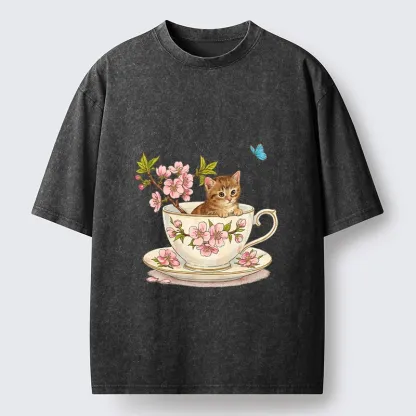 Tokyo-Tiger Cherry Blossom Teacup Kitten Washed T-Shirt