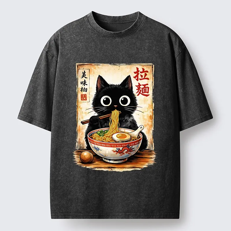 Tokyo-Tiger Cute Cat Slurping Ramen Washed T-Shirt