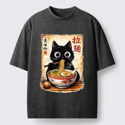 Tokyo-Tiger Cute Cat Slurping Ramen Washed T-Shirt