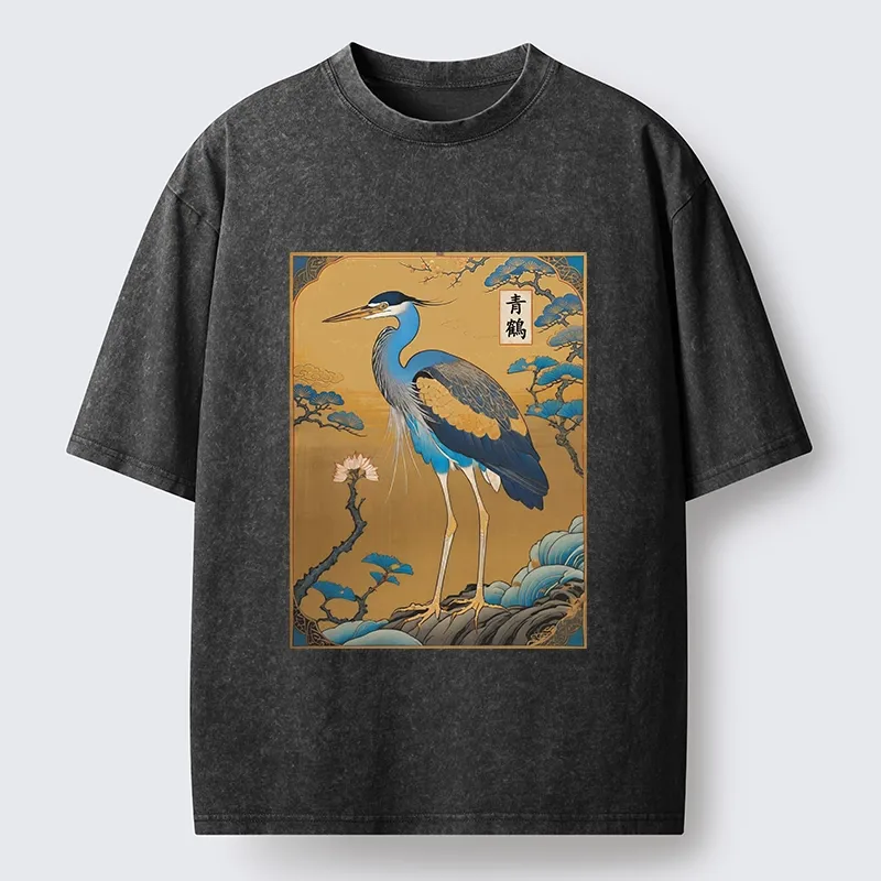 Tokyo-Tiger Golden Background Blue Heron Washed T-Shirt