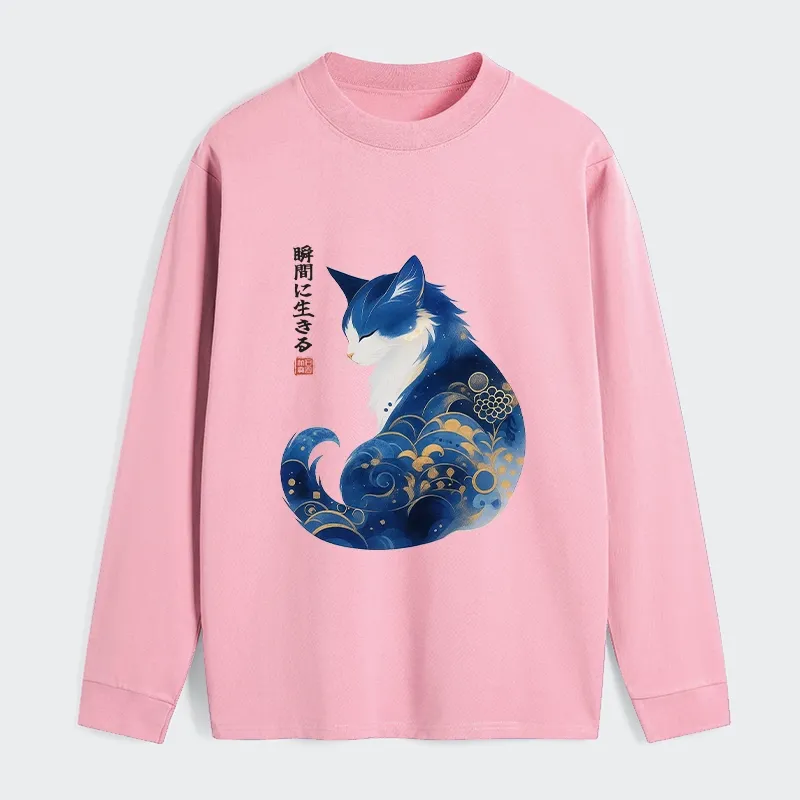 Tokyo-Tiger Retro Zen Cat: Living the Present Classic Long Sleeve T-Shirt