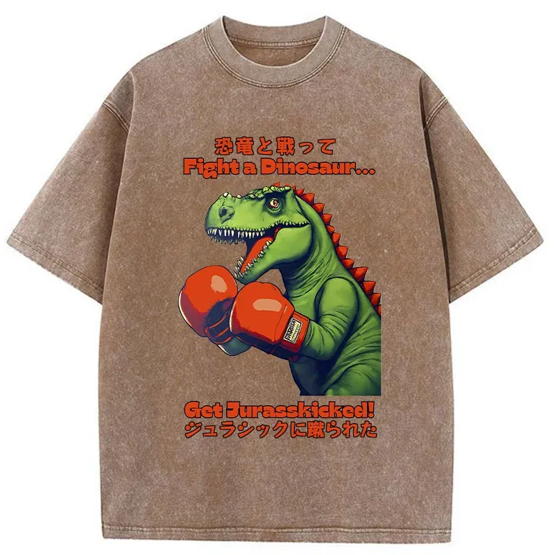 Tokyo-Tiger Fighting Dinosaurs Washed T-Shirt