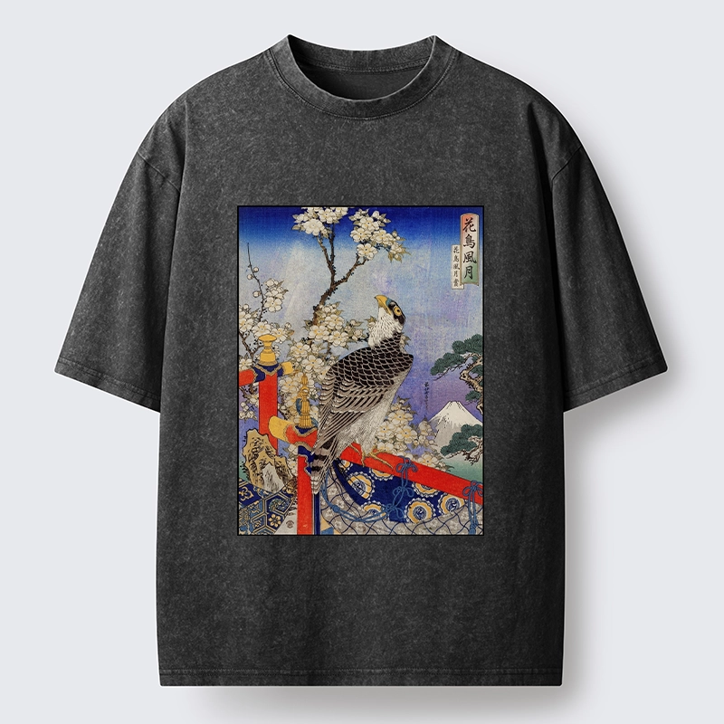 Tokyo-Tiger Sakura, Eagle And Mount Fuji In Ukiyo-E Washed T-Shirt