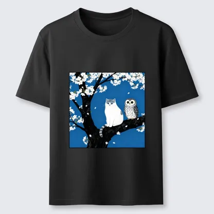 Tokyo-Tiger Cat And Owl Under Sakura Classic T-Shirt