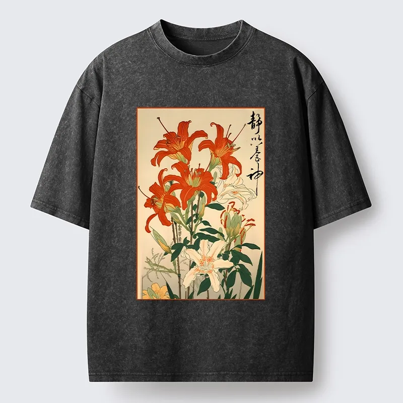 Tokyo-Tiger Vibrant Red And White Lilies Washed T-Shirt