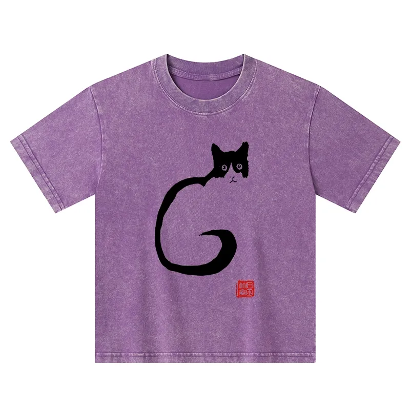 Tokyo-Tiger Calm Cat In Simple Lines Kids Washed T-Shirt