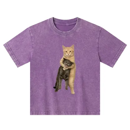 Tokyo-Tiger Orange Cat’s Tight Embrace Kids Washed T-Shirt