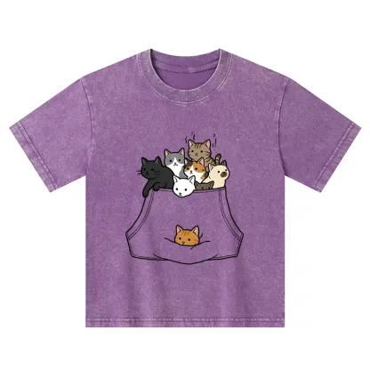 Tokyo-Tiger Cats With Pockets Full Kids Washed T-Shirt