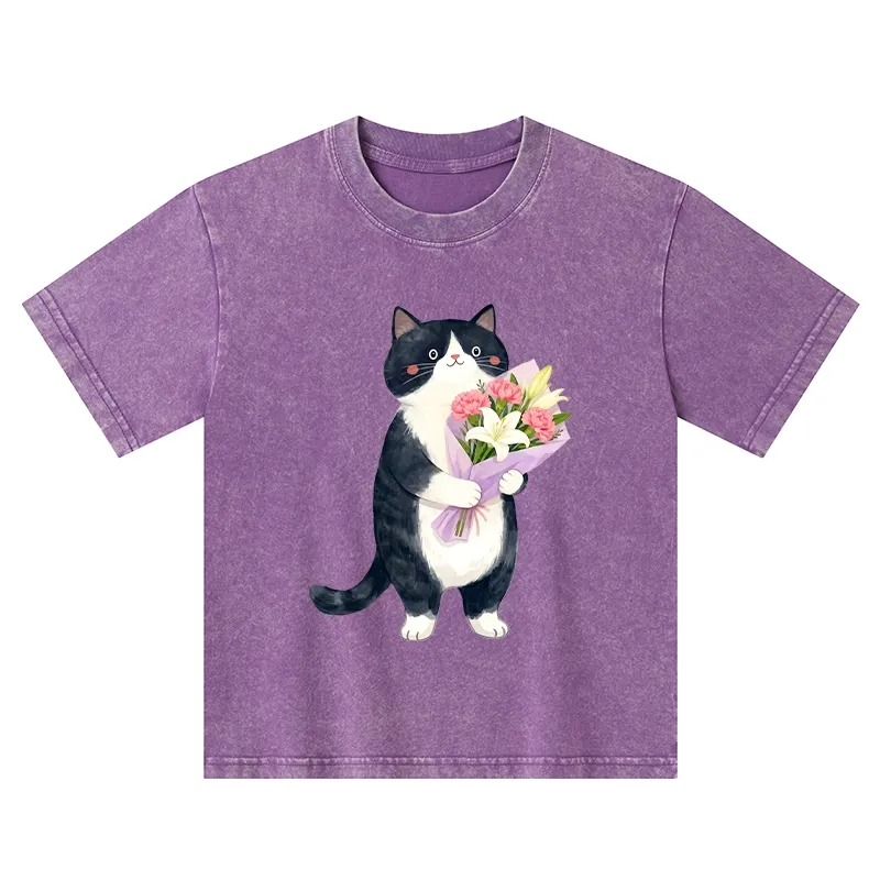 Tokyo-Tiger Sweet Cat Delivers Flowers Kids Washed T-Shirt