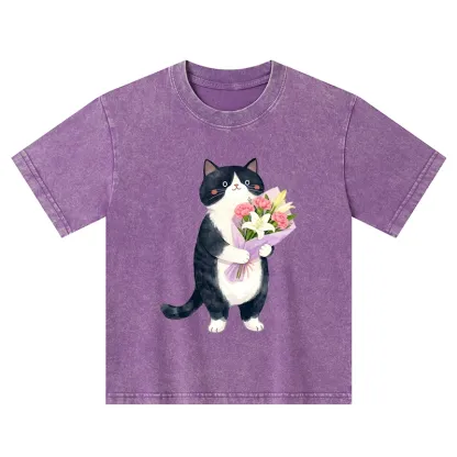 Tokyo-Tiger Sweet Cat Delivers Flowers Kids Washed T-Shirt