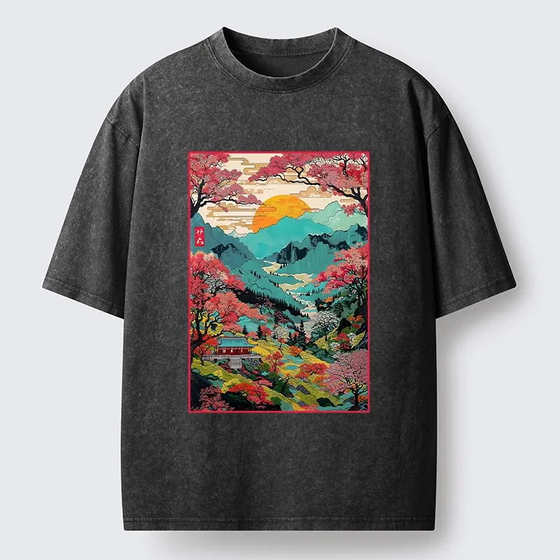 Tokyo-Tiger Golden Sun Over Serene Valley Washed T-Shirt