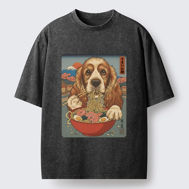 Tokyo-Tiger Dog Slurping Ramen In Japanese Style Washed T-Shirt