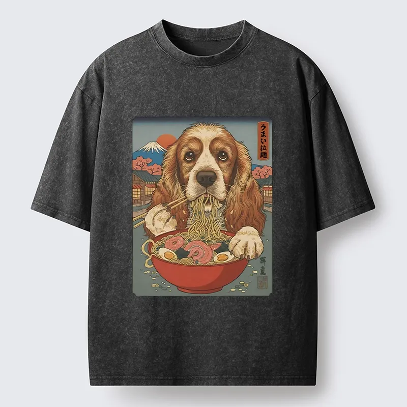 Tokyo-Tiger Dog Slurping Ramen In Japanese Style Washed T-Shirt