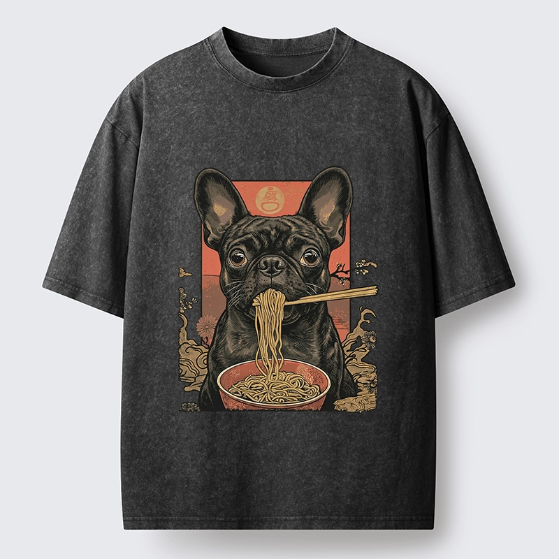 Tokyo-Tiger Vintage Style Dog & Ramen Art Washed T-Shirt