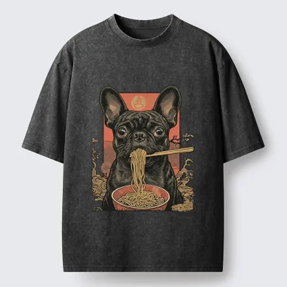 Tokyo-Tiger Vintage Style Dog & Ramen Art Washed T-Shirt