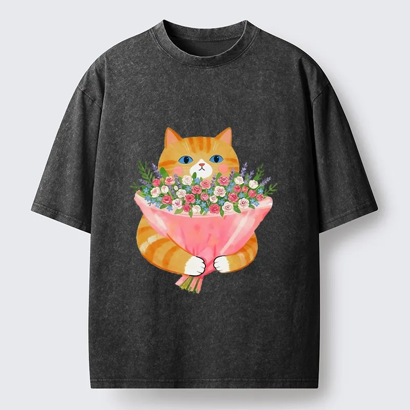 Tokyo-Tiger Cozy Cat Offering A Bouquet Washed T-Shirt