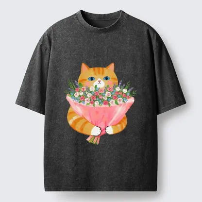 Tokyo-Tiger Cozy Cat Offering A Bouquet Washed T-Shirt