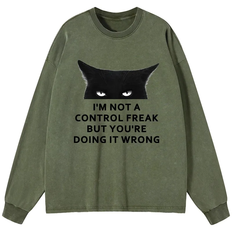 Tokyo-Tiger Control Freak Funny Washed Long Sleeve T-Shirt