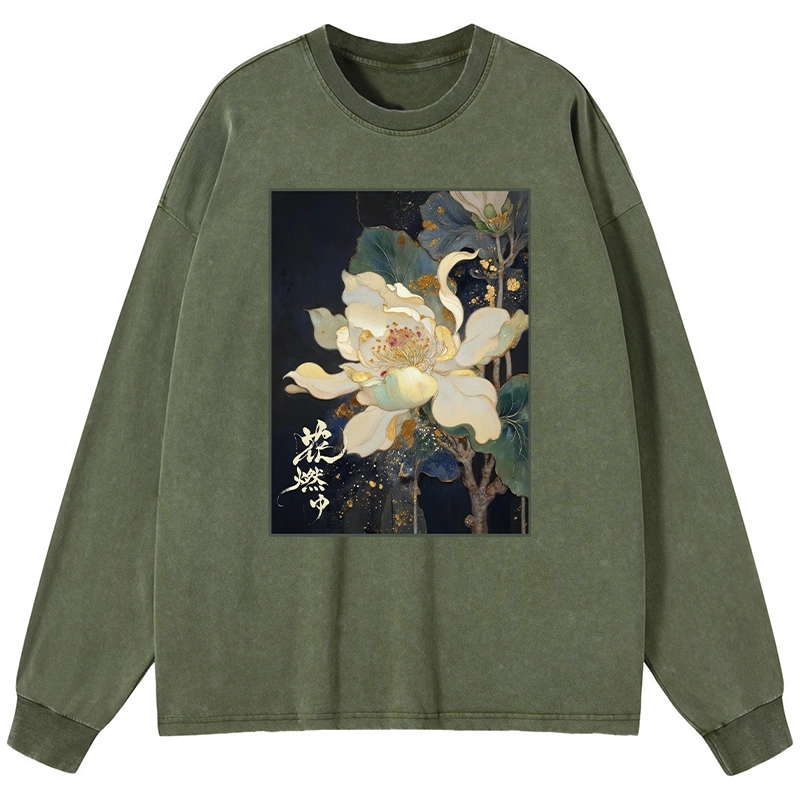 Tokyo-Tiger Lotus Adorned With Golden Specks Washed Long Sleeve T-Shirt