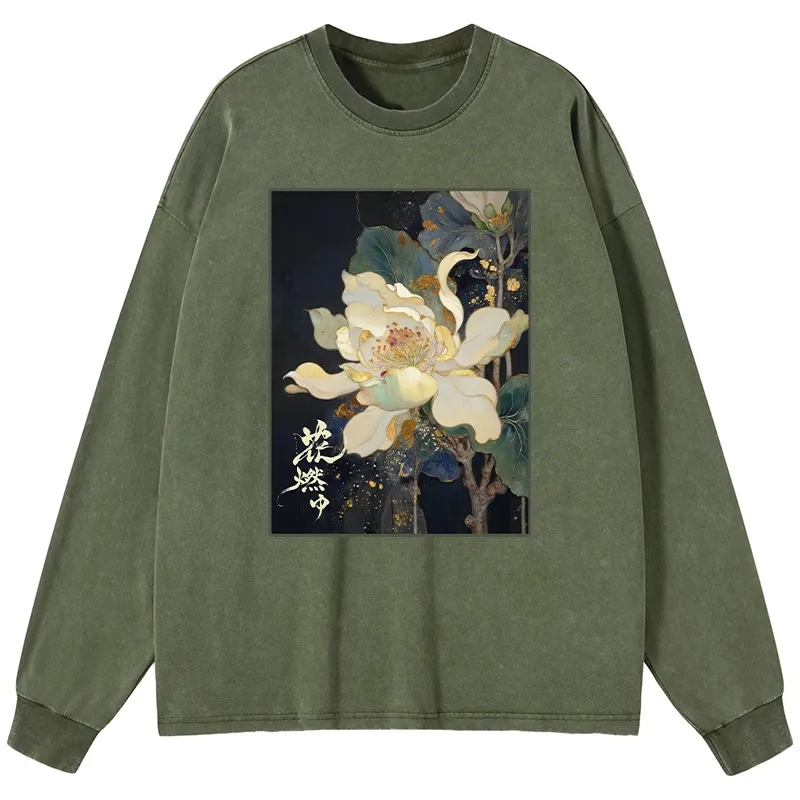 Tokyo-Tiger Lotus Adorned With Golden Specks Washed Long Sleeve T-Shirt
