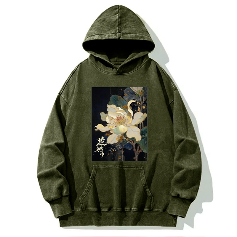 Tokyo-Tiger Lotus Adorned With Golden Specks Washed Hoodie