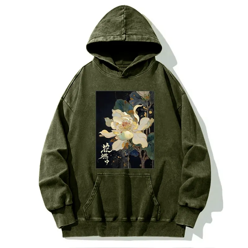 Tokyo-Tiger Lotus Adorned With Golden Specks Washed Hoodie