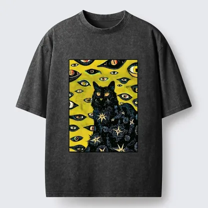 Tokyo-Tiger Cat With Many Eyes And Stars Washed T-Shirt