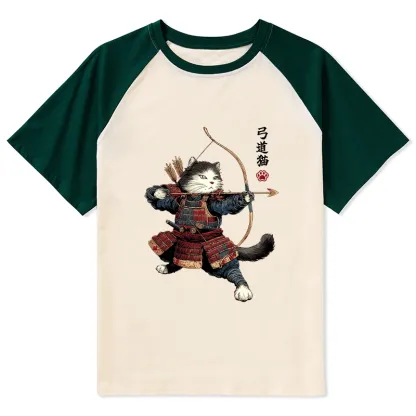 Tokyo-Tiger Kyudo Samurai Cat Raglan T-shirt