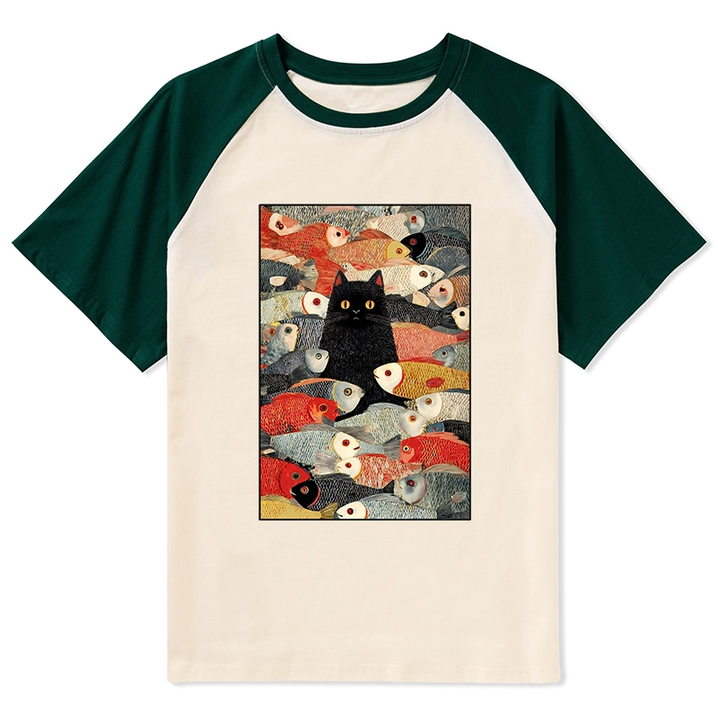 Tokyo-Tiger Cats And Fish Raglan T-shirt