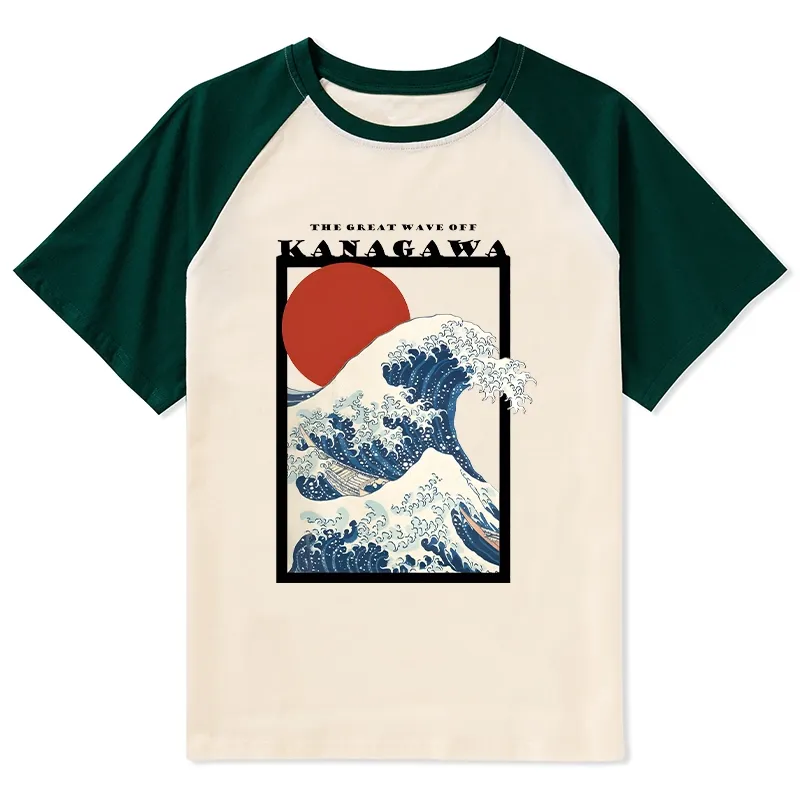 Tokyo-Tiger Minimalist Ukiyo-e Waves Raglan T-shirt
