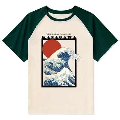 Tokyo-Tiger Minimalist Ukiyo-e Waves Raglan T-shirt