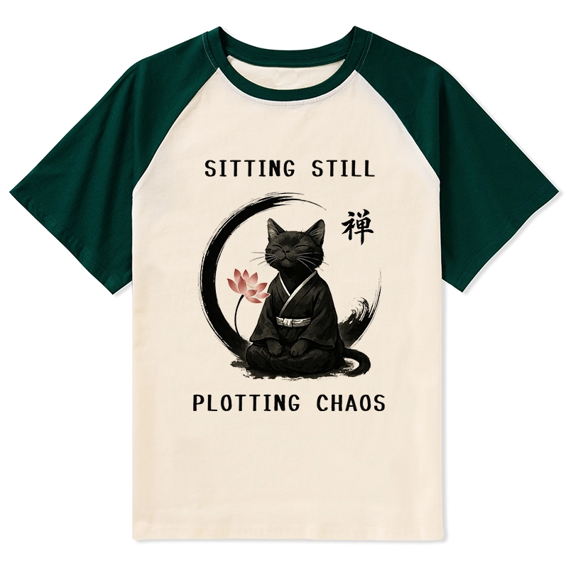 Tokyo-Tiger Sitting Still Plotting Chaos Calming Zen Cat Funny Raglan T-shirt
