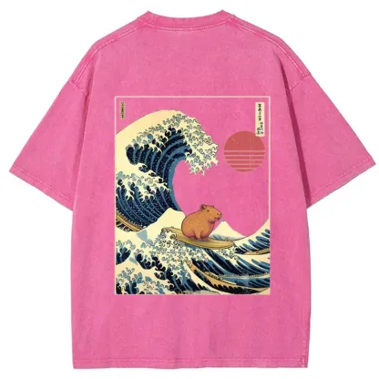 Tokyo-Tiger Capybara Surfing Back Washed T-Shirt