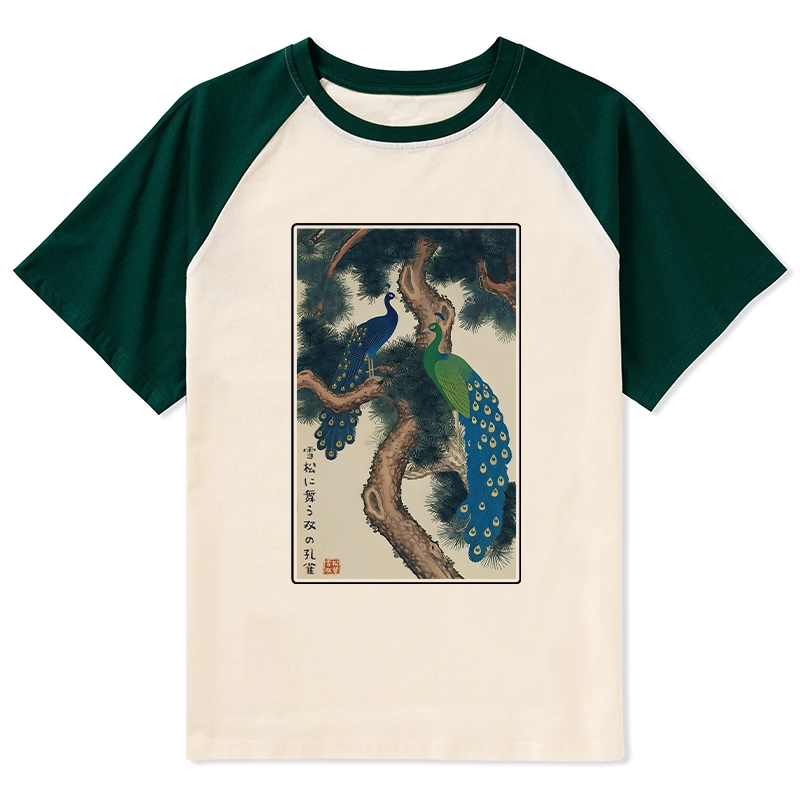 Tokyo-Tiger Peacocks in Snowy Pines Raglan T-shirt