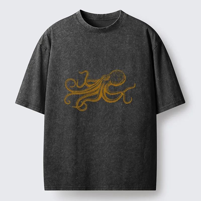 Tokyo-Tiger Vintage Octopus Illustration Art Washed T-Shirt Sale