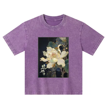 Tokyo-Tiger Lotus Adorned With Golden Specks Kids Washed T-Shirt