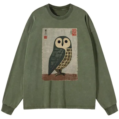 Tokyo-Tiger Traditional Owl In Japanese Art Washed Long Sleeve T-Shirt