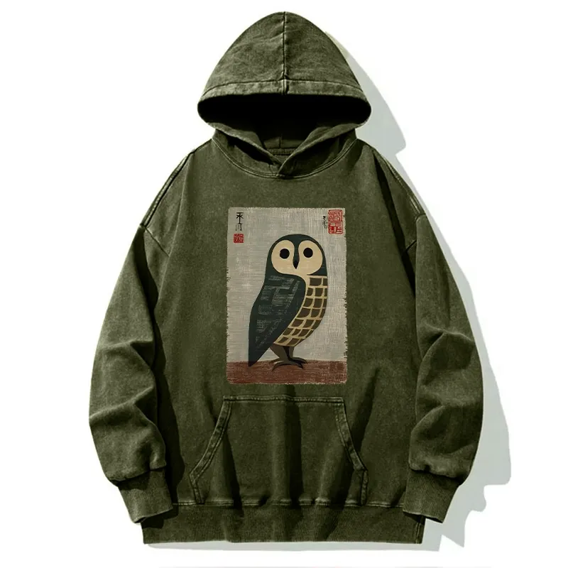 Tokyo-Tiger Traditional Owl In Japanese Art Washed Hoodie