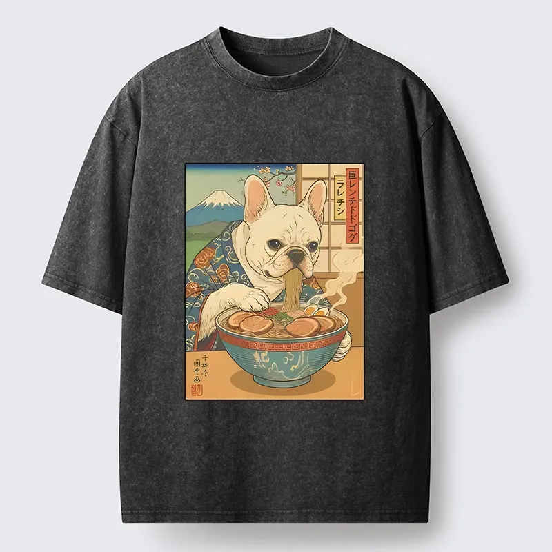 Tokyo-Tiger French Bulldog Ramen Art Washed T-Shirt
