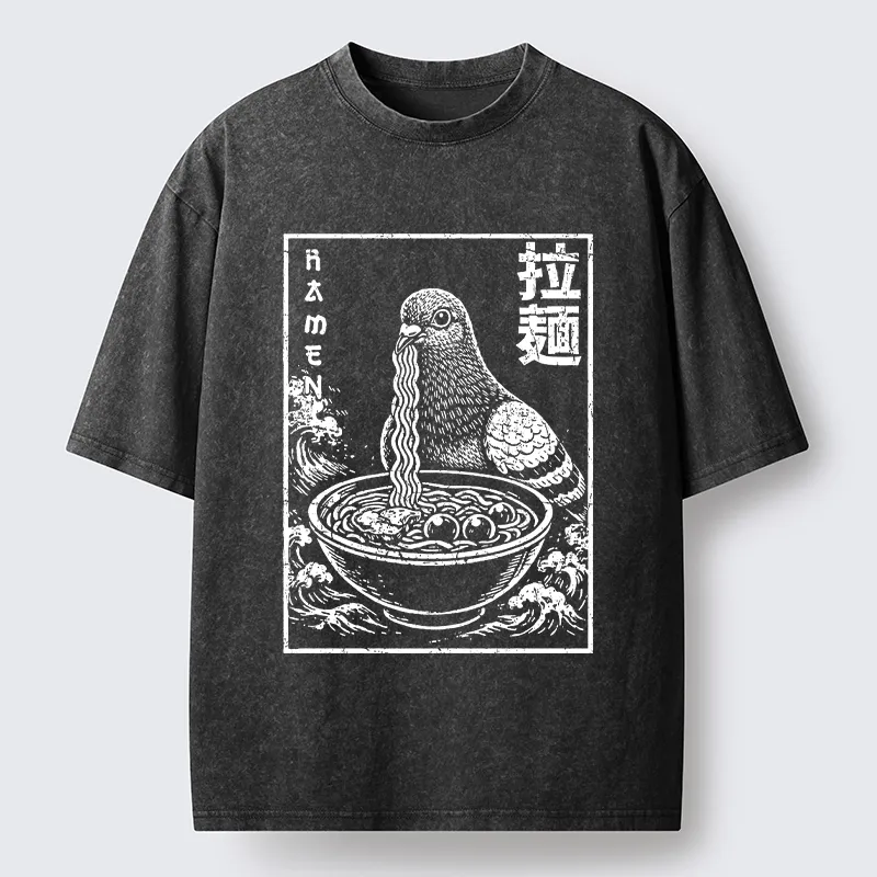 Tokyo-Tiger Pigeon Eating Ramen Art Washed T-Shirt