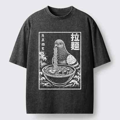 Tokyo-Tiger Pigeon Eating Ramen Art Washed T-Shirt