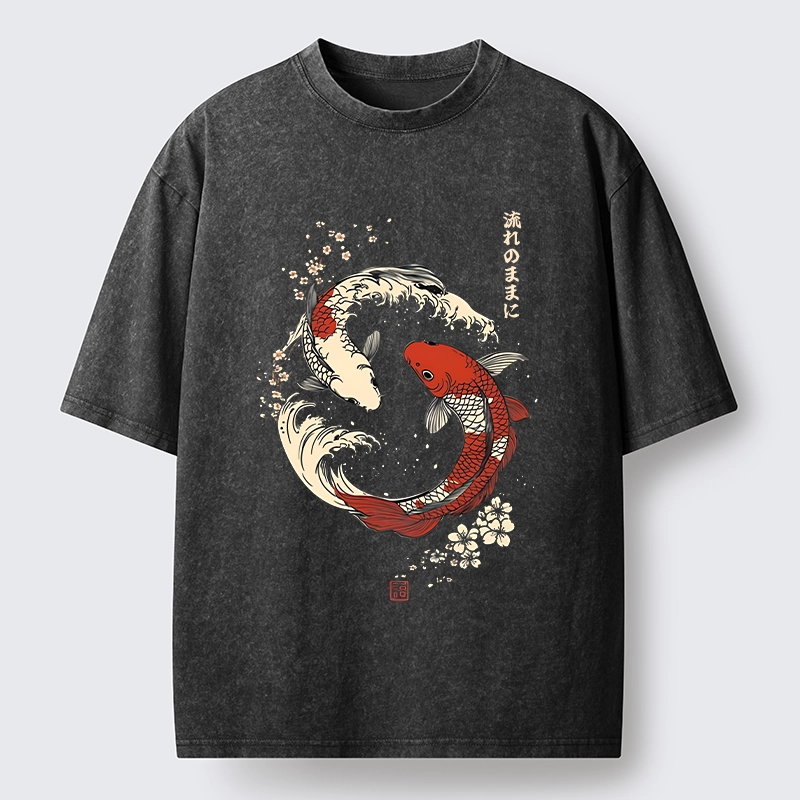 Tokyo-Tiger Elegant Koi Fish And Sakura Washed T-Shirt