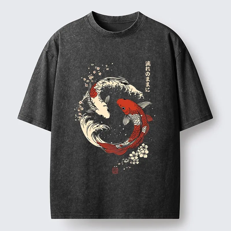 Tokyo-Tiger Elegant Koi Fish And Sakura Washed T-Shirt