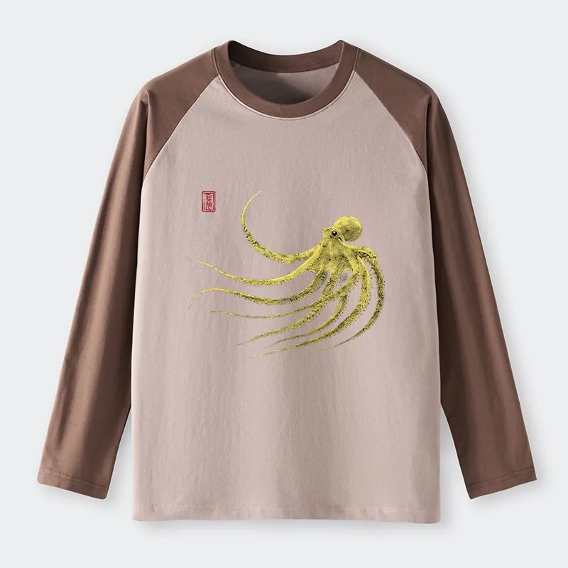 Tokyo-Tiger Retro Octopus Japanese Raglan Long Sleeve T-shirt