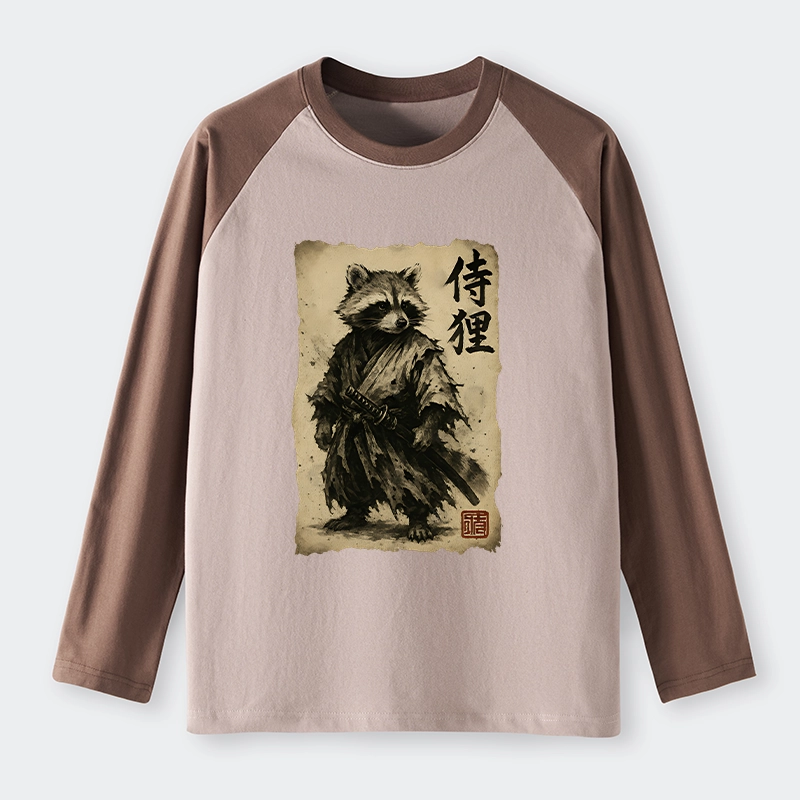 Tokyo-Tiger Retro Raccoon Samurai Raglan Long Sleeve T-shirt