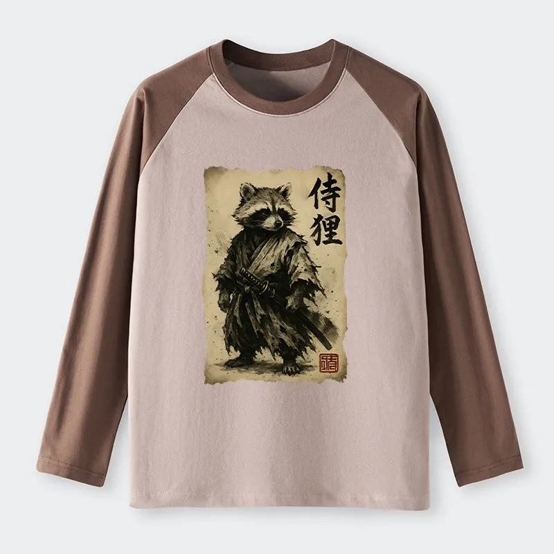 Tokyo-Tiger Retro Raccoon Samurai Raglan Long Sleeve T-shirt Sale