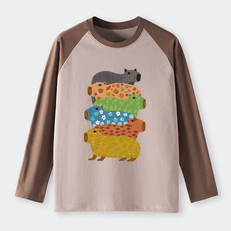 Tokyo-Tiger Colorful Capybaras Raglan Long Sleeve T-shirt