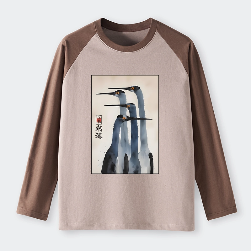Tokyo-Tiger Retro Sandhill Crane Raglan Long Sleeve T-shirt